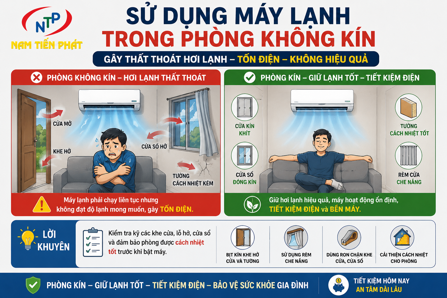 Sử dụng máy lạnh trong phòng khồng kín